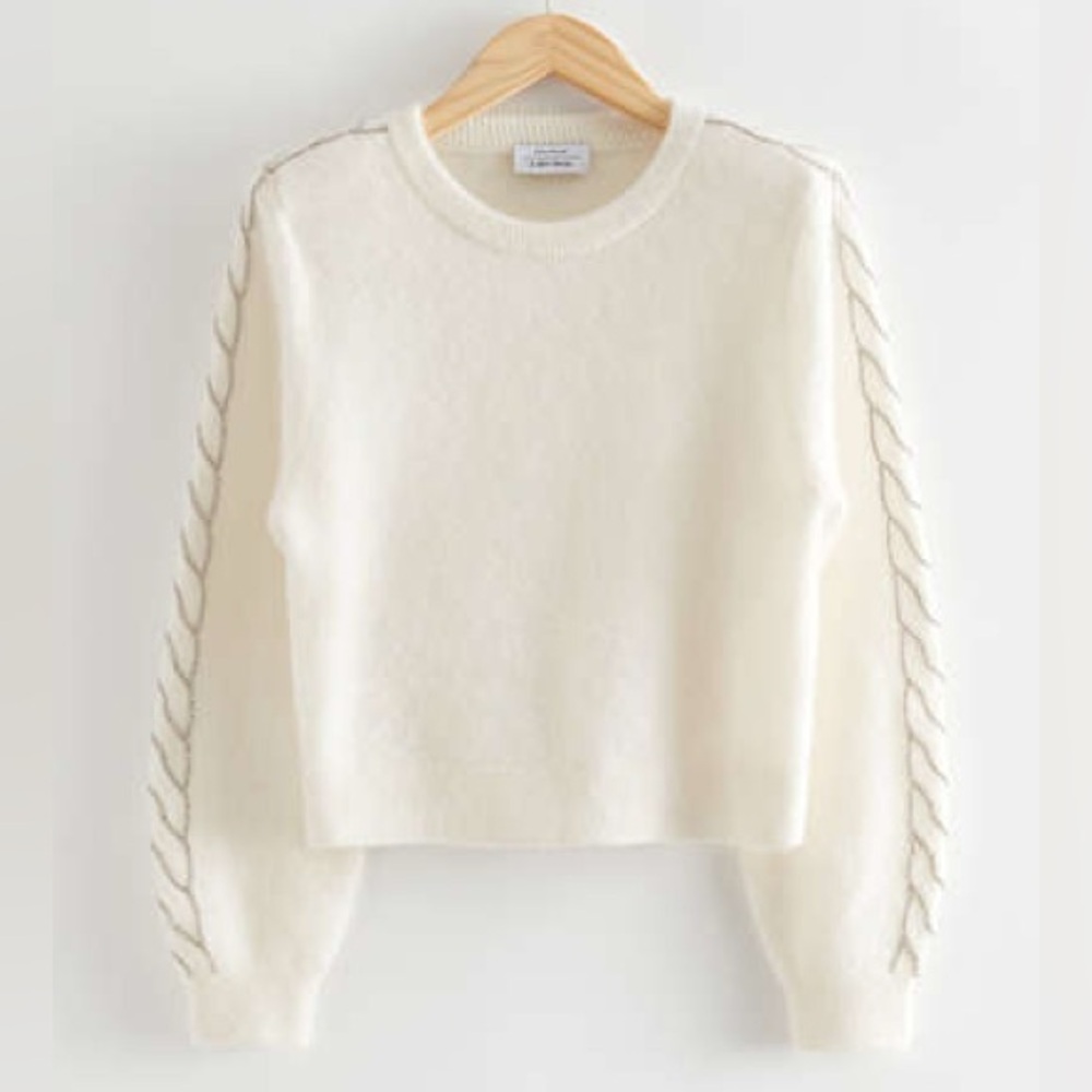 NWT Other Stories Mohair Cable-Knit White Sweater with Rhinestone Embellishments